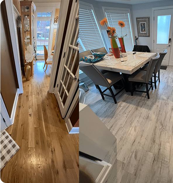 Modern interior of a residential house showing hallway painted in chocolate color and dining area with light blue paint.