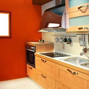 Contemporary kitchen in light wood with terracotta walls in Atlanta GA.